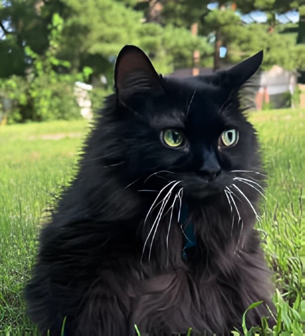 Meemers sitting in long grass, staring directly at the camera