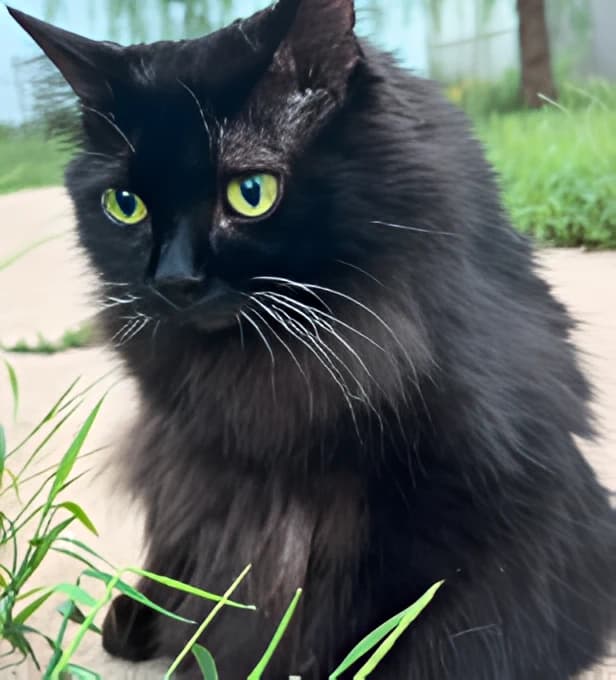 Meemers, a long-haired black cat with green eyes, sitting upright on a sunlit garden path
