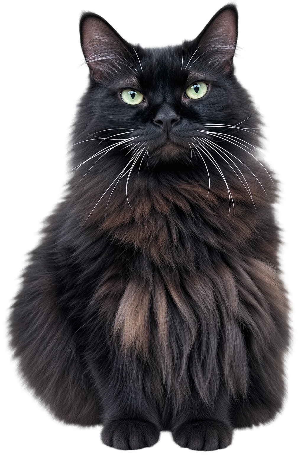 Meemers, a long-haired black cat with green eyes, sitting square to the camera